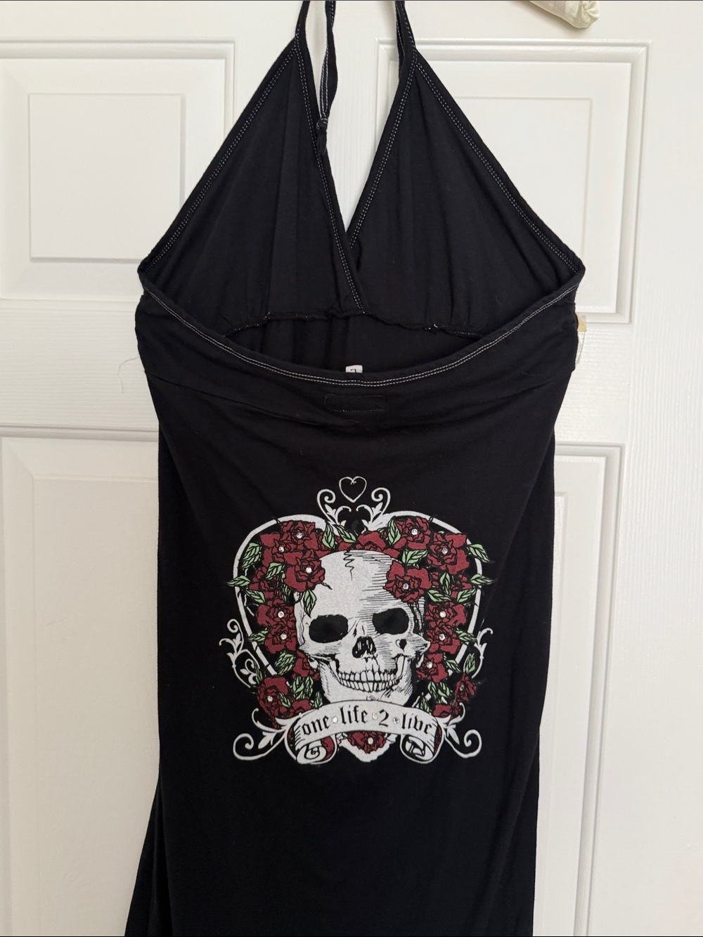 Sleek Black Halter Maxi Dress,skull, roses, rhinestones, heart graphic, size L